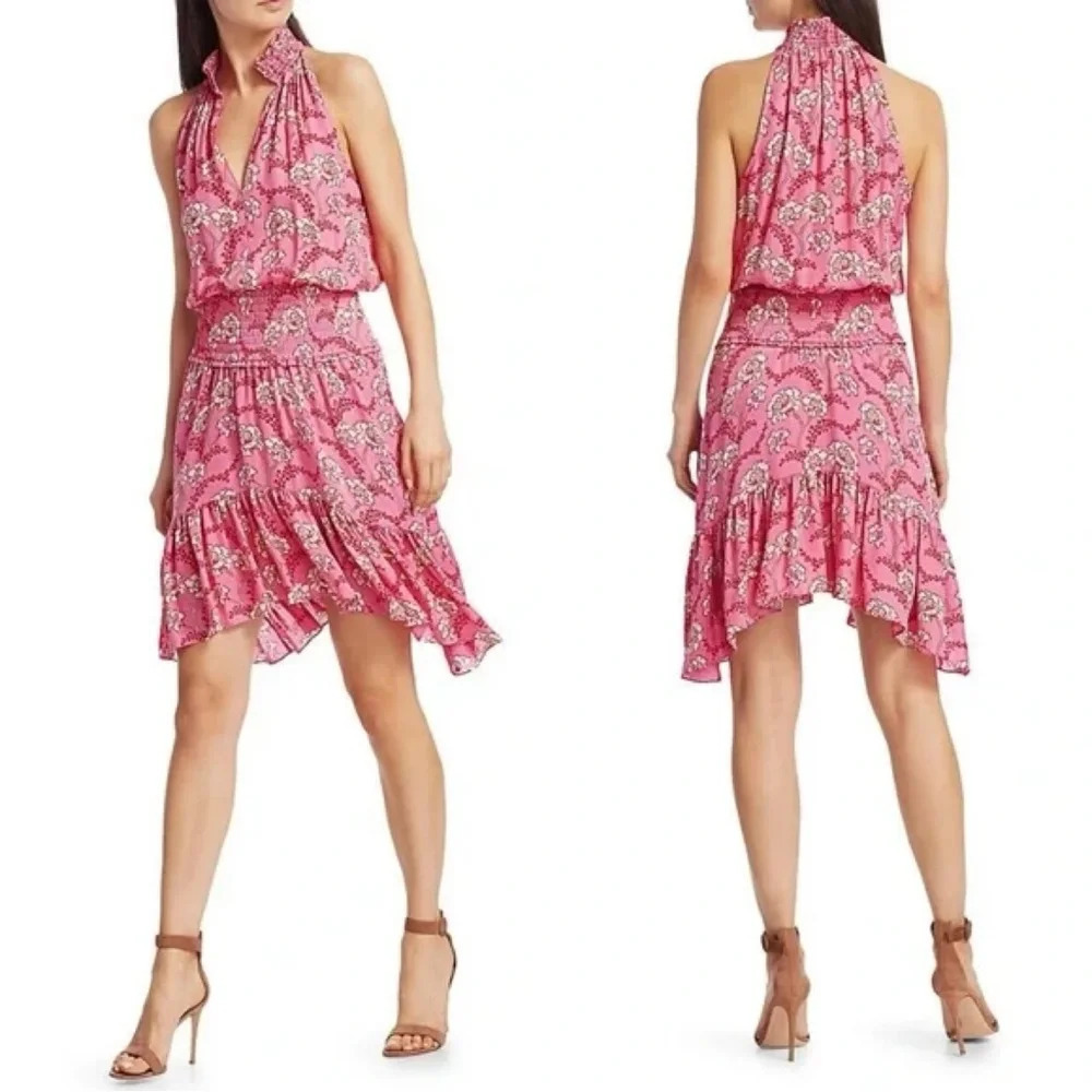 A.L.C 100% Silk Cody Floral Print Asymmetrical Halter Neck Midi Dress Pink 8